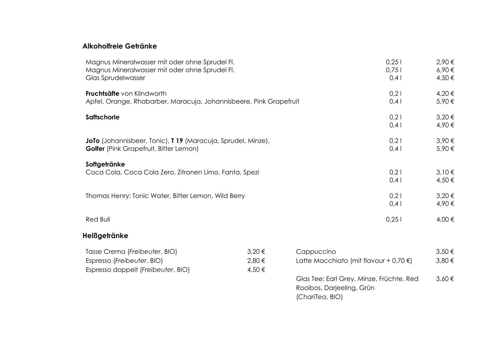 Speise und Getränkekarte Restaurant Hockenbergs